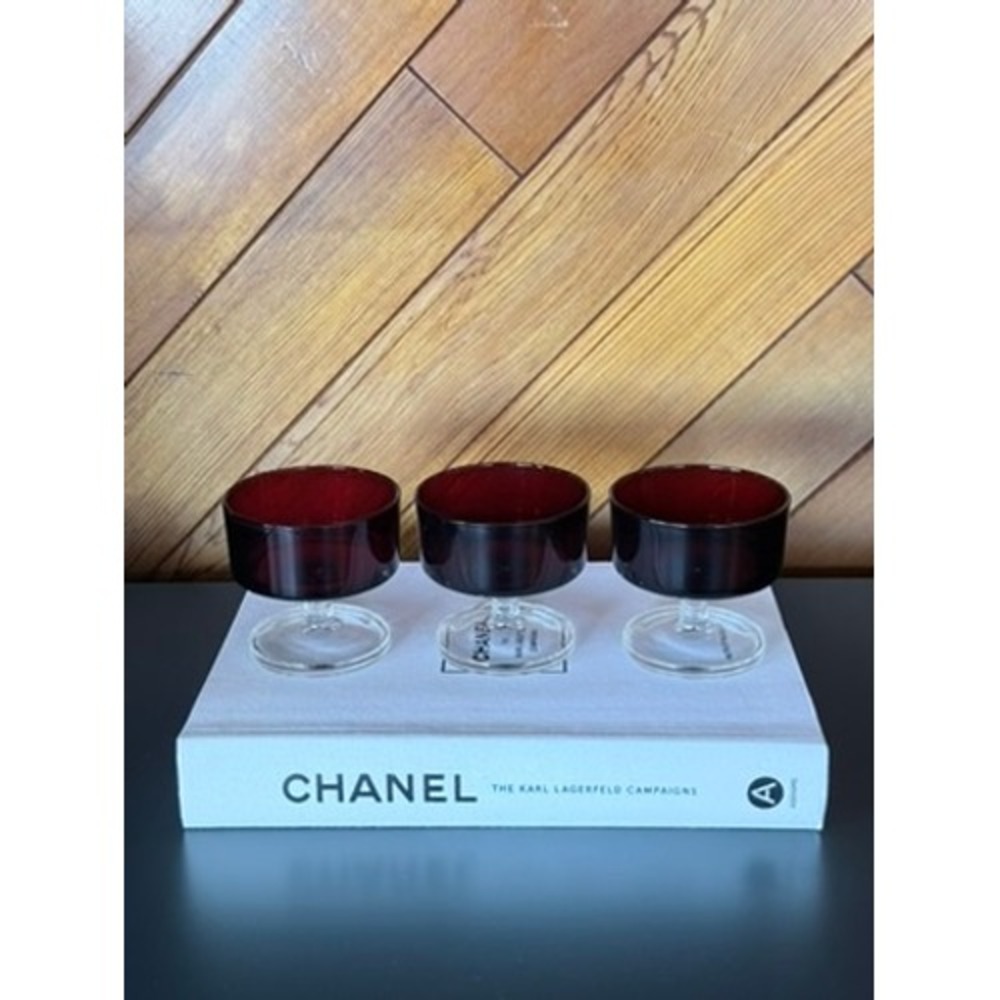 Vintage Arcoroc France Set of 3 Ruby Red Clear Footed Dessert Sherbet Bowls